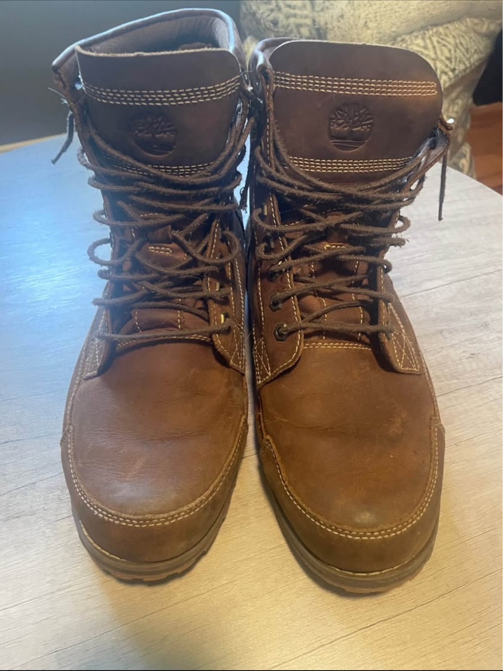 Timberland Men's Dark Brown Leather Work Boots with Lace-Up Front
